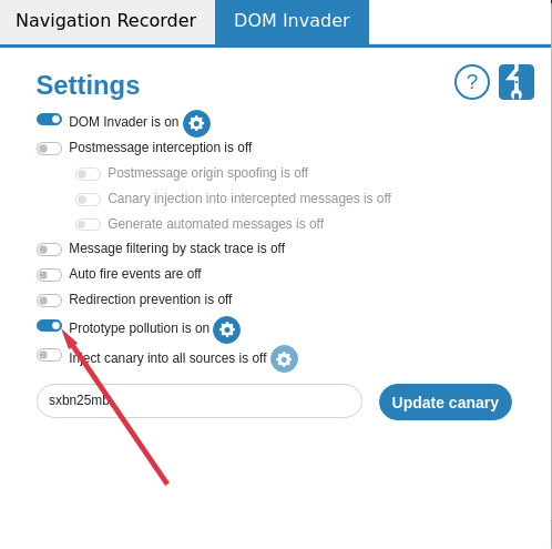 Screen shot showing how to switch on prototype pollution